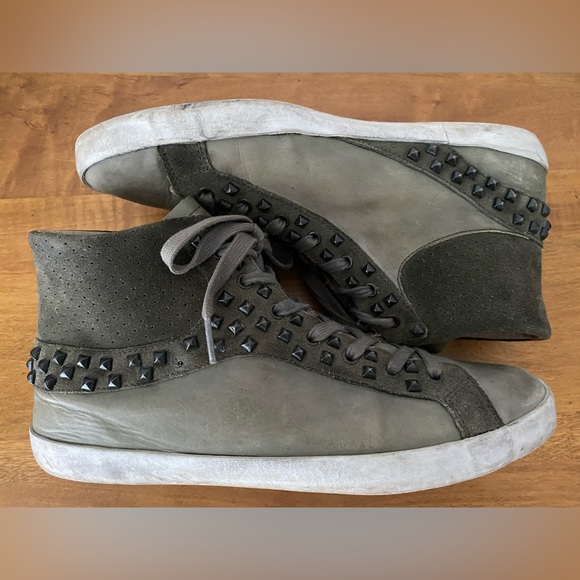 Crime London Green Leather Distressed Studded High Top Sneakers 41/11 - Picture 3 of 14